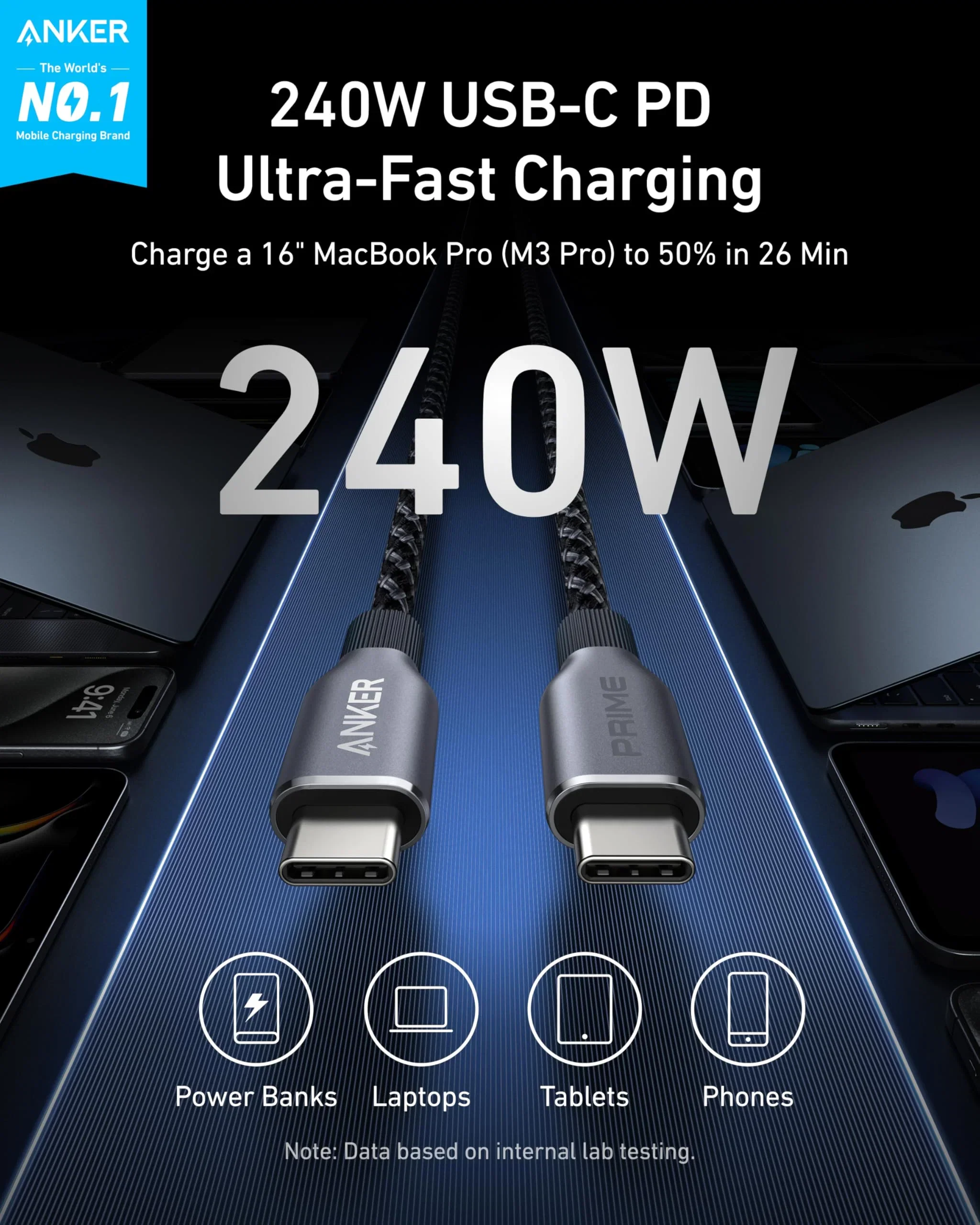 Anker Prime USB-C to USB-C Cable (240W, Upcycled-Braided, 6 ft) - Image 2